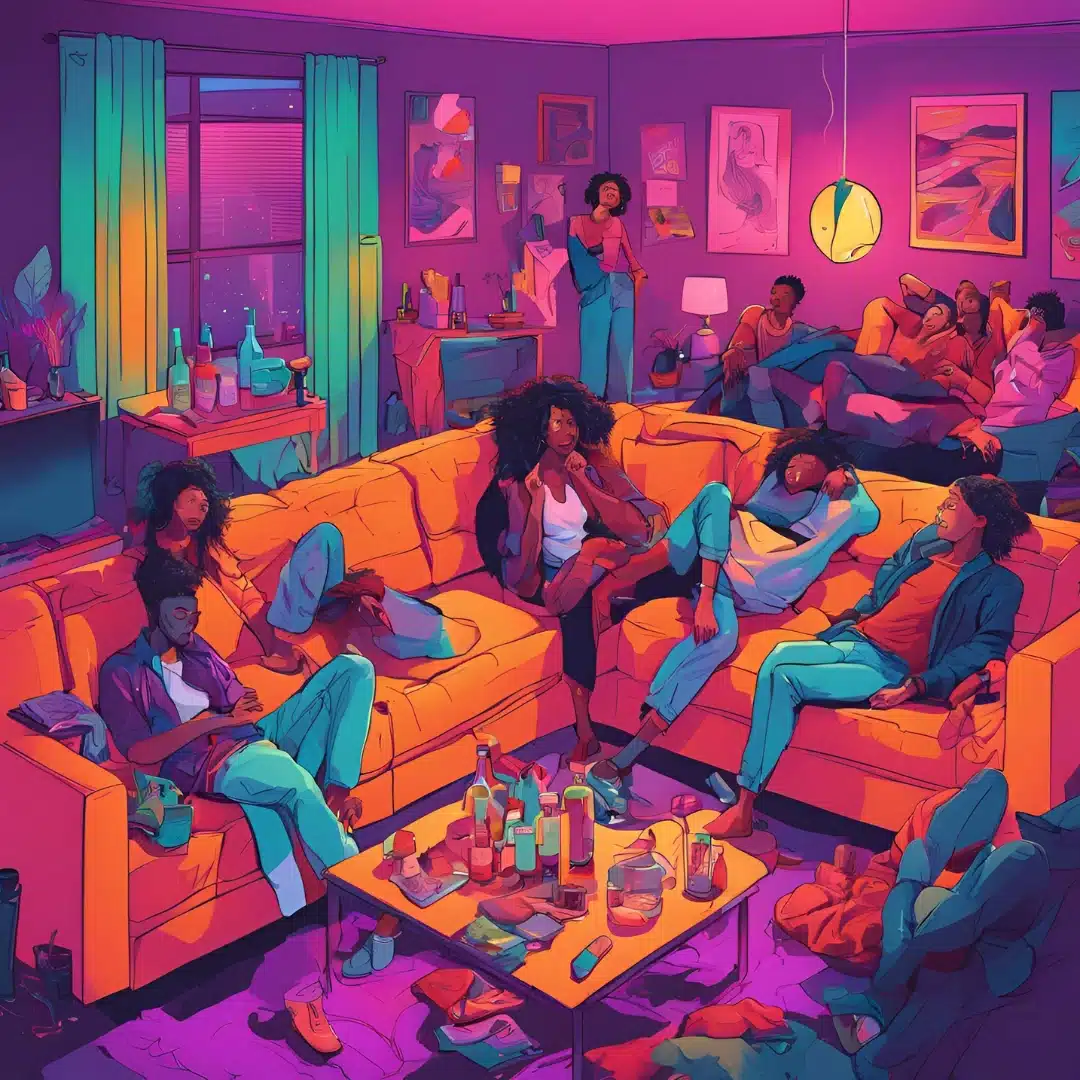 Illustration vibrante et colorée d'une fête de maison animée ; les gens se détendent et discutent sur des canapés jaune vif, avec des boissons et des en-cas sur les tables, des néons, des œuvres d'art sur les murs, et une vue de la ville à travers la fenêtre la nuit.