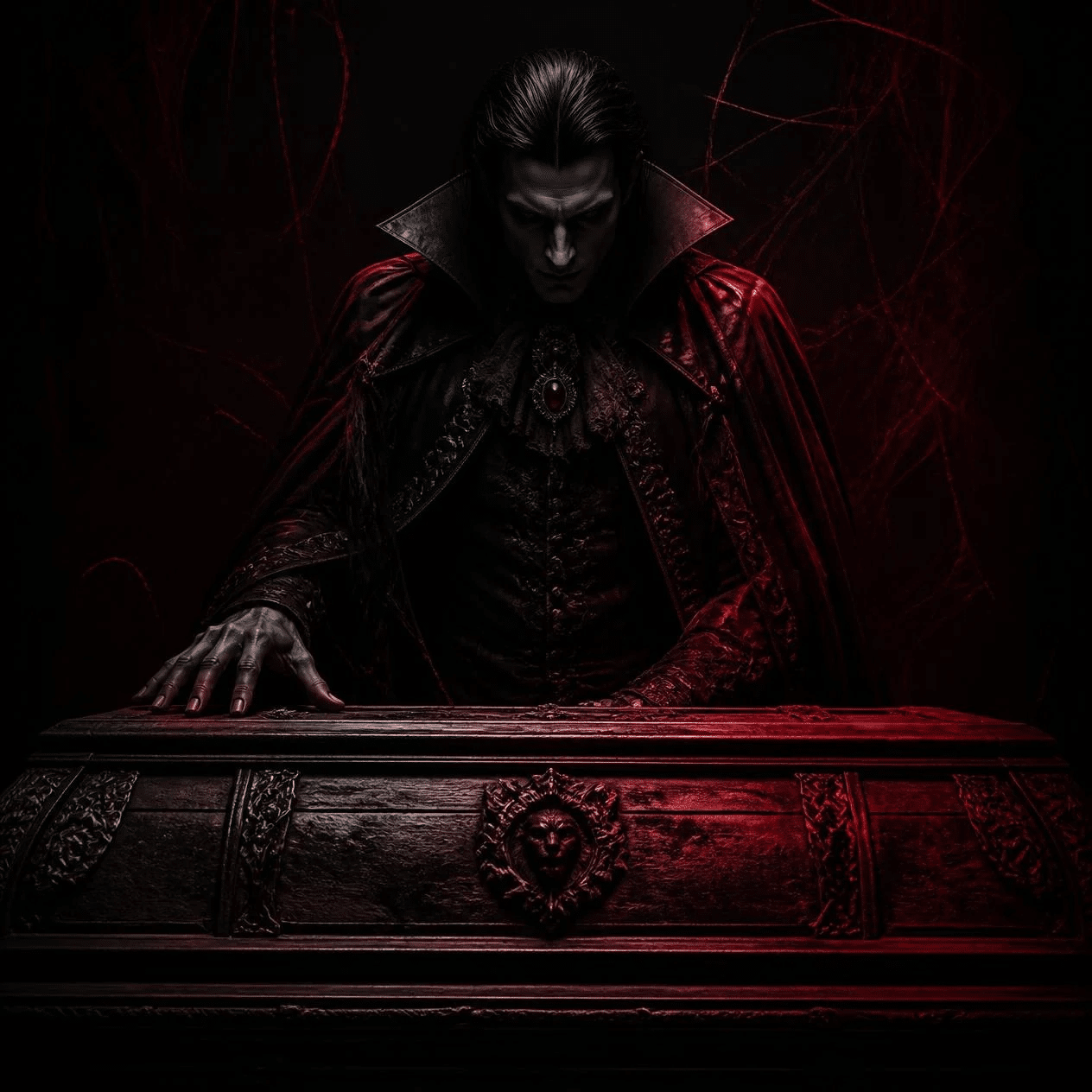 Vampire vêtu d’une cape rouge, penché au-dessus d’un cercueil